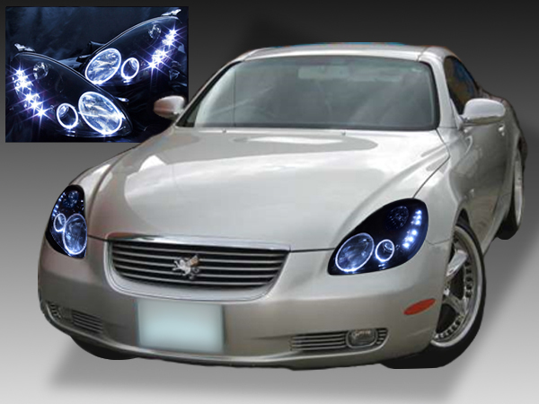 トヨタ UZZ40 ソアラ 純正HID車用 純正ドレスアップヘッドライト 4連LEDイカリング＆高輝度白色LED12発増設＆インナーブラッククロム