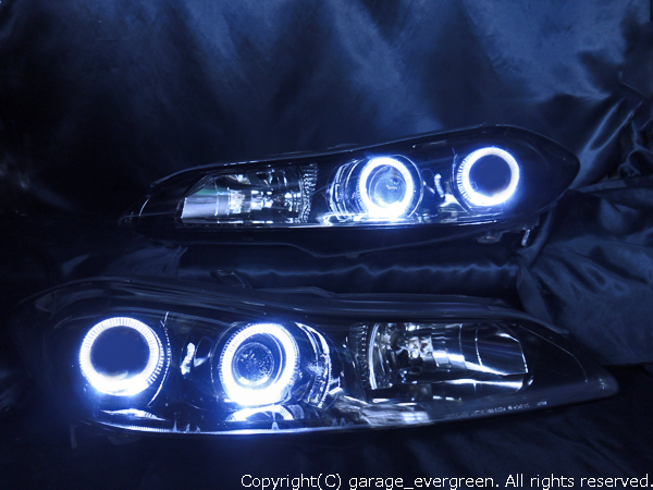 日産 S15 シルビア 純正ハロゲン車用 純正ドレスアップヘッドライト 4連LEDイカリング＆インナーブラッククロム