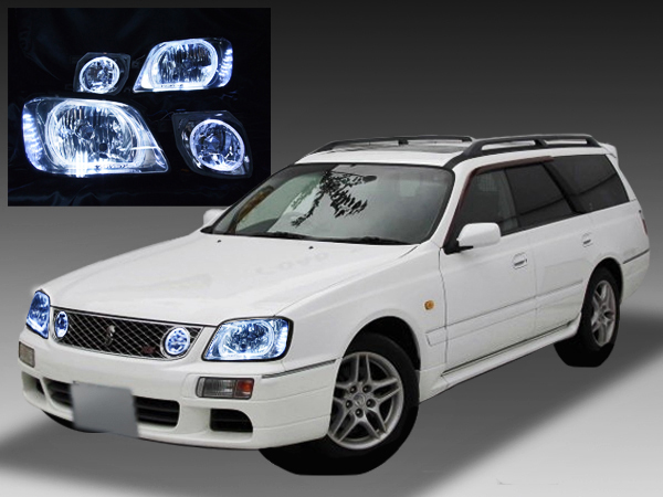 日産 C34系 ステージア 後期 純正HID(キセノン）車用 純正ドレスアップヘッドライト 4連LEDイカリング＆超高輝度白色LED16発増設