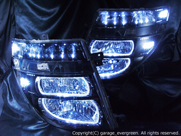 日産 E51系 エルグランド 前期 純正HID車用 純正ドレスアップヘッドライト 4連LEDイカリング＆高輝度白色LED44発増設＆インナーブラッククロム