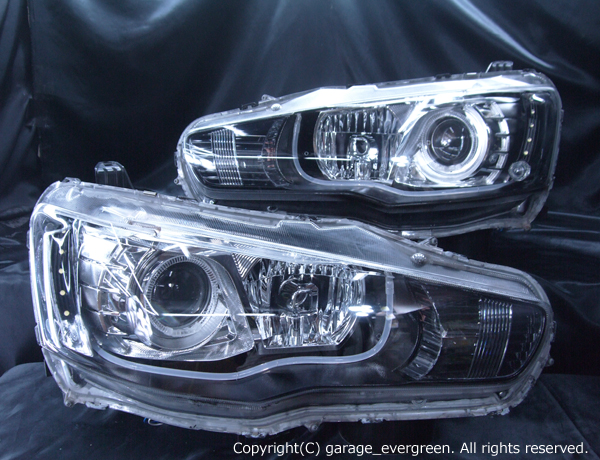 三菱 CZ4A ランサーエボリューションⅩ 純正HID車用 車種別専用 純正ドレスアップヘッドライト 2連LEDイカリング＆高輝度白色LED16発増設＆LEDアクリルイルミファイバー＆インナーブラッククロム 仕様