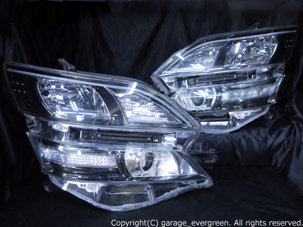 トヨタ ヴェルファイア AFS無しモデル 前期・後期共通 純正ドレスアップヘッドライト 超高輝度LEDイカリング＆超高輝度白色LED24発増設＆LEDアクリルイルミファイバー