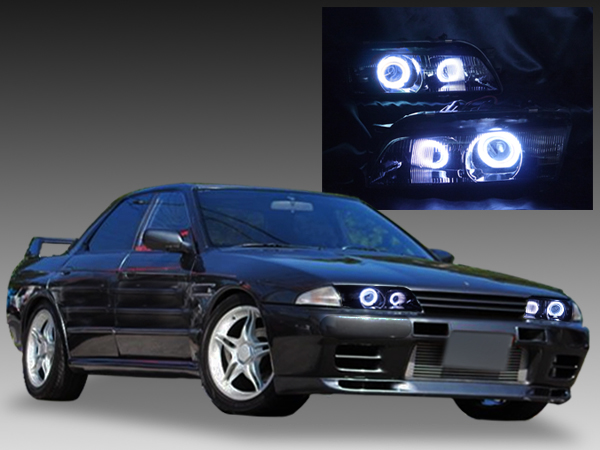 R32 スカイライン/GT-R 前期/後期 純正ドレスアップヘッドライト 4連CCFLイカリング＆バイキセノンプロジェクターダブルインストール＆インナーブラッククロム