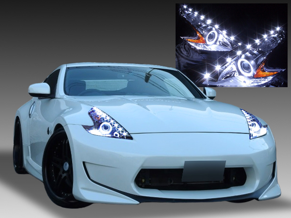 日産 Z34 フェアレディZ 純正HID車用 純正ドレスアップヘッドライト 2連LEDイカリング＆高輝度白色LED18発増設