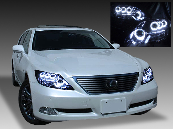 レクサス LS600h/LS600hL 前期 （プリクラッシュ無し車または前方のみプリクラッシュ有り車用）純正ドレスアップヘッドライト 8連高輝度白色LEDイカリング&純正ポジションLED色替え&インナーブラッククロム