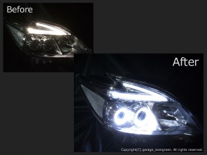 ZVW30系 プリウス 後期 LEDロービームヘッドライト　純正新品ベース加工品　4連白色LEDイカリング＆ポジション同色打ち替え 仕様