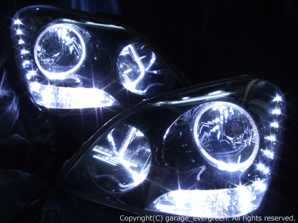 UCF30/UCF31 セルシオ 前期 ドレスアップヘッドライト純正加工品＜限定色 ブラッククロム＞HID付きインナーブラック&イカリング4連装&増設24発高輝度LED 仕様