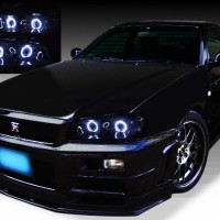 HR34 ER34 ENR34 スカイライン前期/BNR34 GT-R 前期 純正加工 バイキセノンプロジェクター Wインストール  ブラッククロム&白色CCFL付プロジェクター 仕様 | ガレージエバーグリーン