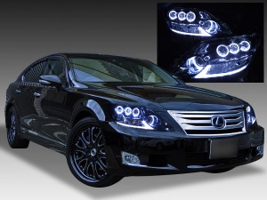 レクサス LS600h 中期 ドレスアップヘッドライト  純正加工品 純正LED色替え&LEDイカリング&サイドマーカーブラック 