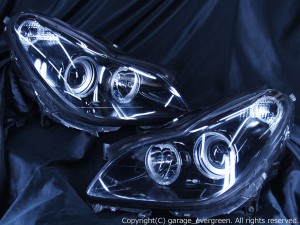メルセデス・ベンツ W219 CLS350/CLS500/CLS550 純正ディラー車ヘッドライト加工品 6連LEDイカリング＆ブラッククロム 仕様