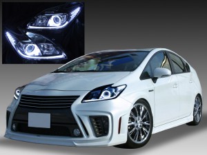 ZVW30系 プリウス 後期 キセノンベースヘッドライト　ラインポジション白色LED打替え　ブラッククロム＆イカリング＆高輝度白色LED仕様