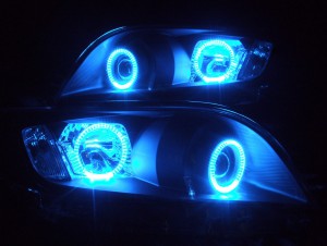 ★ヴァンガード★高輝度青色LEDイカリング４連装　インナー艶消しブラック塗装仕様　レンズクリーニング・コーティング済み　オーダー加工ドレスアップヘッドライト 