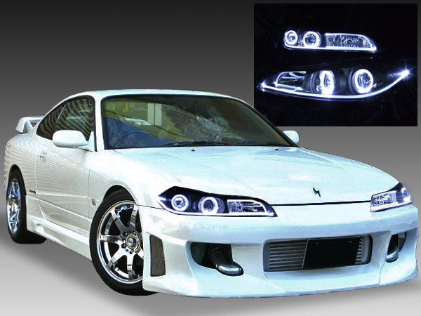 S15系シルビア ハロゲン車用 アクリルファイバー＆4連白色LEDイカリング 純正加工品 ドレスアップヘッドライト | ガレージエバーグリーン