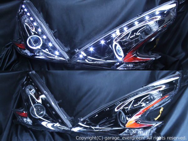 Z34 フェアレディZ　前期・後期　＜限定色 インナーブラッククロム＞　ブラック＆イカリング＆高輝度LED増設18発 仕様　純正加工品 ドレスアップヘッドライト　
