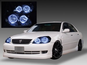 トヨタ JZX110/JZX115/GX110/GX115 110系マークⅡ 前期 純正HID（ディスチャージ・キセノン）車用 4連LEDイカリング＆インナーブラッククロム＆ウィンカークリア  | ガレージエバーグリーン