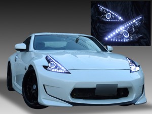 日産 Z34 フェアレディZ 純正HID車用 純正ドレスアップヘッドライト 2連LEDイカリング＆高輝度白色LED48発増設＆インナーフルブラッククロム