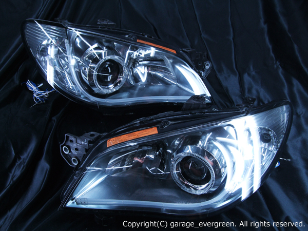 スバル GD/GG系 インプレッサ後期 F型・G型（鷹目型）HID車用　純正ドレスアップヘッドライト　2連LEDイカリング＆LEDアクリルイルミファイバー＆増設高輝度白色LED12発