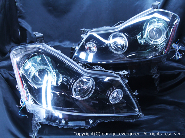 日産 Y50フーガ ＧＴ系 純正HID車用 純正ドレスアップヘッドライト 6連白色LEDイカリング＆超高輝度橙色LED12発増設＆インナーブラッククロム