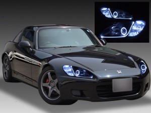 ホンダ AP1 S2000 前期 純正HID車用 純正ドレスアップヘッドライト 2連LEDイカリング＆超高輝度白色LED14発増設＆LEDアクリルイルミファイバー＆クリア加工