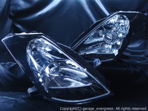 日産 Z33 フェアレディZ 前期 純正ドレスアップヘッドライト 白色LEDイカリング＆インナー/マーカーフルブラッククロム＆LEDアクリルイルミファイバー