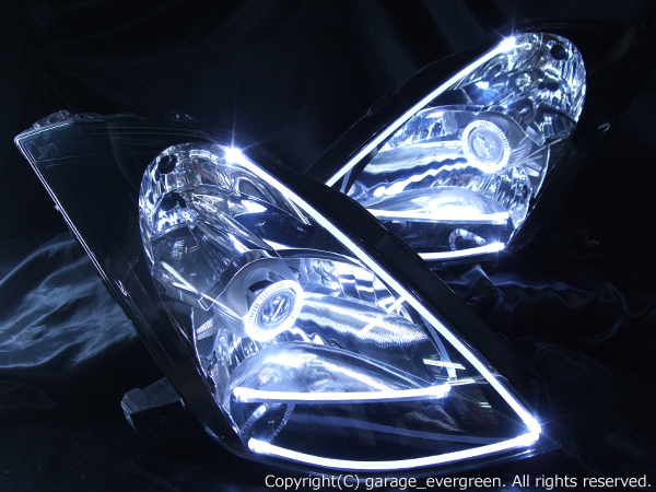 日産 Z33 フェアレディZ 前期 純正ドレスアップヘッドライト 白色LEDイカリング＆インナー/マーカーフルブラッククロム＆LEDアクリルイルミファイバー  | ヘッドライト加工・販売 プロショップ ガレージエバーグリーン