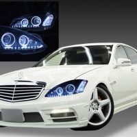 メルセデス・ベンツ W221 Sクラス 前期 純正HID車用 ナイトビューアシスト無し 純正ドレスアップヘッドライト  4連LEDイカリング＆超高輝度白色LED42発増設＆インナーブラッククロム | ガレージエバーグリーン