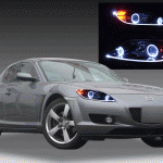 マツダ SE3P RX-8 前期 純正HID車用 純正ドレスアップヘッドライト 4連LEDイカリング＆超高輝度白色LED増設＆LEDアクリルイルミファイバー＆インナーブラッククロム
