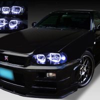 日産 R34系 スカイライン（クーペ・セダン）前期 GT-R 前期 純正HID車用 純正ドレスアップヘッドライト  4連スクエアLEDイカリング＆インナーブラッククロム | ガレージエバーグリーン