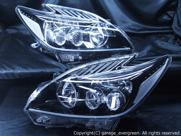 トヨタ ZVW30系 プリウス 前期 純正LEDロービーム車用 純正ドレスアップヘッドライト 6連LEDイカリング＆超高輝度白色LED12発増設＆LEDアクリルイルミファイバー＆インナーブラッククロム