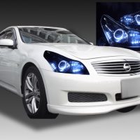 日産 V36 スカイライン 前期 セダンベース 純正HID用 AFS無し車用 純正ドレスアップヘッドライト  LEDイカリング＆高輝度白色LED22発増設＆インナーブラッククロム | ガレージエバーグリーン