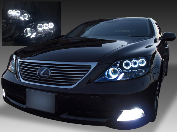 レクサス LS600h/LS600hL 前期 純正ドレスアップヘッドライト LEDイカリング&純正ポジションLED色替え&インナーブラック塗装&RGBフルカラーLEDプロジェクター 仕様