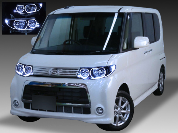 L375S/L385S タントカスタム 純正HID車用 純正加工品 ドレスアップヘッドライト LED イカリング＆アクリルファイバー＆インナーブラック塗装＆増設LED 仕様 | ガレージエバーグリーン