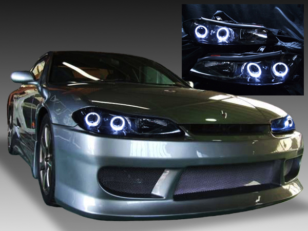 S15 シルビア 純正HID車用 純正ドレスアップヘッドライト 4連LEDイカリング＆インナーブラック塗装&RGBフルカラーLEDプロジェクター 仕様