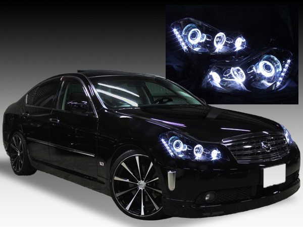 Y50フーガ ＧＴ系 純正HID車用 純正ドレスアップヘッドライト LEDイカリング＆白LED増設＆インナーブラック＆サイドブラック塗装