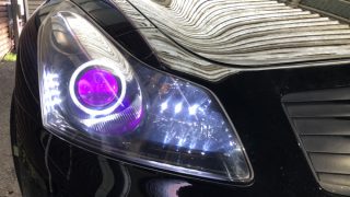 V36 スカイライン 前期 セダン インナーブラック塗装&イカリング&RGBフルカラーLEDプロジェクター&LED増設 仕様 純正加工 ドレスアップ ヘッドライト | ガレージエバーグリーン