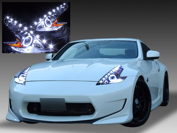 【車検対応】Z34 フェアレディZ 全年式 純正加工ドレスアップ ヘッドライト LEDイカリング＆白LED18発増設