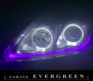 ワンオフ加工 30プリウス 後期 HID用 LEDイカリング＆純正ポジション部紫LED打ち替え 仕様 純正加工 ドレスアップ ヘッドライト