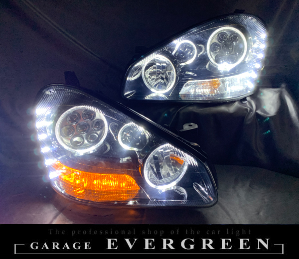 F50 シーマ 前期 純正ドレスアップヘッドライト LEDイカリング&白橙LED増設＆インナーブラック塗装【車検対応】