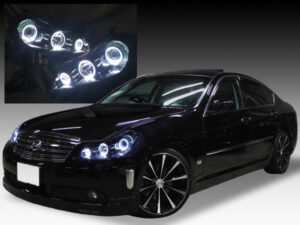【車検対応】Y50 フーガ 前期/後期 AFS有り車用 純正加工品 ドレスアップ ヘッドライト インナーブラック塗装＆LEDイカリング 仕様