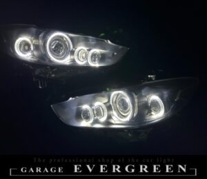 GJ アテンザ 前期 8連イカリング＆プロジェクター移植＆インナーマットブラック塗装＆クリア塗装 仕様 純正加工品 ドレスアップ ヘッドライト