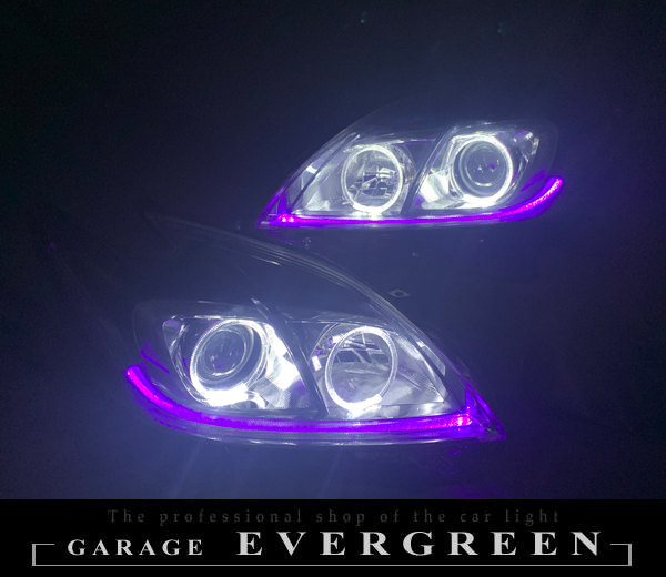 ワンオフ加工 30プリウス 後期 HID用 LEDイカリング&純正ポジション部紫LED打ち替え 仕様 純正加工 ドレスアップ ヘッドライト
