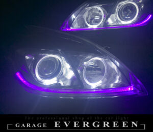 ワンオフ加工 30プリウス 後期 HID用 LEDイカリング＆純正ポジション部紫LED打ち替え 仕様 純正加工 ドレスアップ ヘッドライト