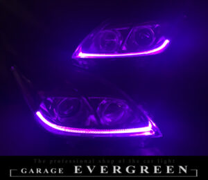 ワンオフ加工 30プリウス 後期 HID用 LEDイカリング＆純正ポジション部紫LED打ち替え 仕様 純正加工 ドレスアップ ヘッドライト