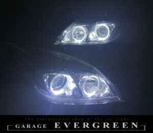 ワンオフ加工 30プリウス 後期 HID用 LEDイカリング＆純正ポジション部紫LED打ち替え 仕様 純正加工 ドレスアップ ヘッドライト