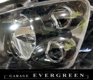 M35 ステージア 前期 インナーブラッククロム＆6連LEDイカリング 仕様 純正加工品 ドレスアップ ヘッドライト