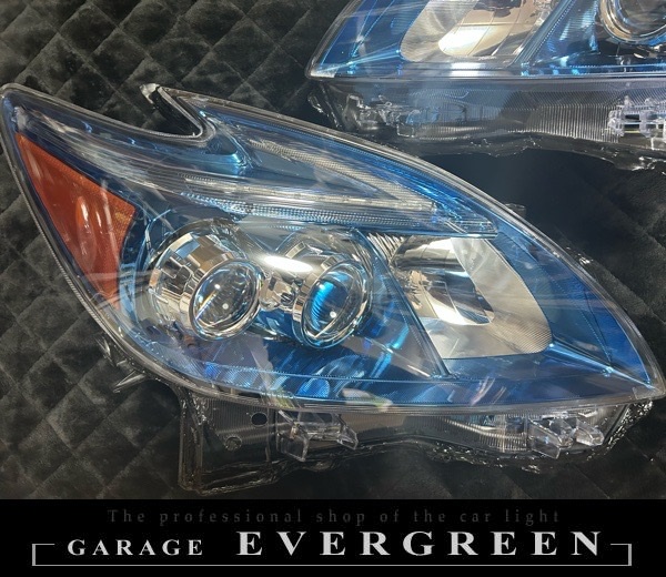 30系 プリウス 後期 ブルーメッキインナー加工&純正LEDポジションライン色替え&サイドマーカーUS化&レンズ新品交換 純正加工品 ドレスアップ ヘッドライト