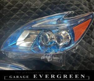 30系 プリウス 後期 ブルーメッキインナー加工＆純正LEDポジションライン色替え＆サイドマーカーUS化＆レンズ新品交換 純正加工品 ドレスアップ ヘッドライト