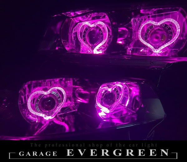 R34 スカイライン インナーブラッククロム塗装&ハート型LEDアクリルイカリング&ダブルLEDプロジェクター移植 仕様 純正加工品 ドレスアップ ヘッドライト