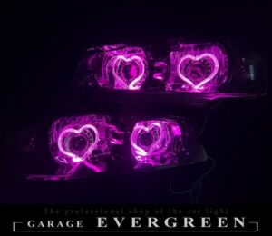 R34 スカイライン インナーブラッククロム塗装＆ハート型LEDアクリルイカリング＆ダブルLEDプロジェクター移植 仕様 純正加工品 ドレスアップ ヘッドライト