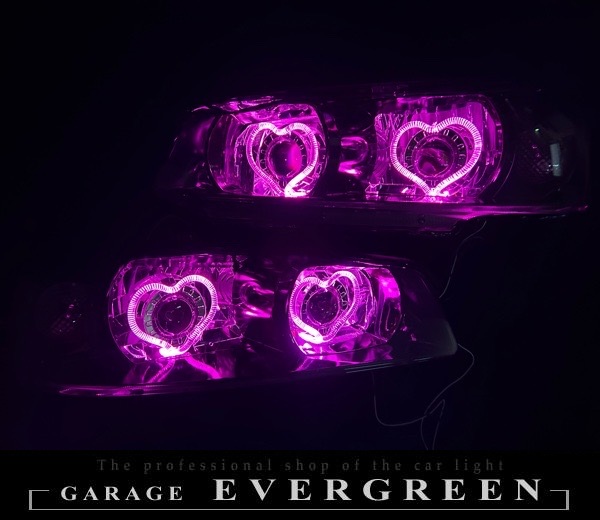 R34 スカイライン インナーブラッククロム塗装&ハート型LEDアクリルイカリング&ダブルLEDプロジェクター移植 仕様 純正加工品 ドレスアップ ヘッドライト